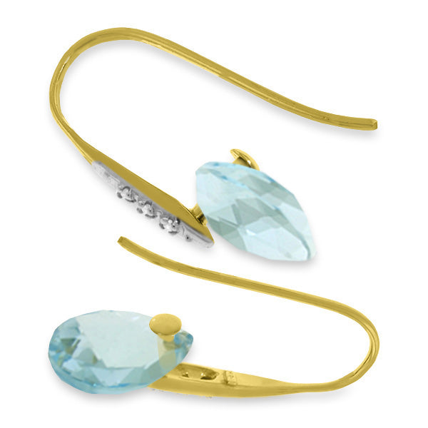 14K Solid Yellow Gold Fish Hook Earrings w/ Diamonds & Dangling Briolette Blue Topaz