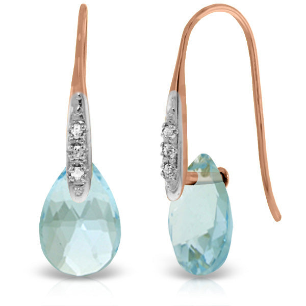 14K Solid Rose Gold Fish Hook Earrings w/ Diamonds & Dangling Briolette Blue Topaz