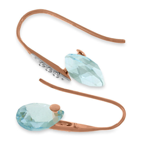 14K Solid Rose Gold Fish Hook Earrings w/ Diamonds & Dangling Briolette Blue Topaz