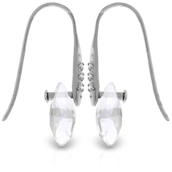 14K Solid White Gold Fish Hook Earrings w/ Diamonds & Dangling Briolette White Topaz