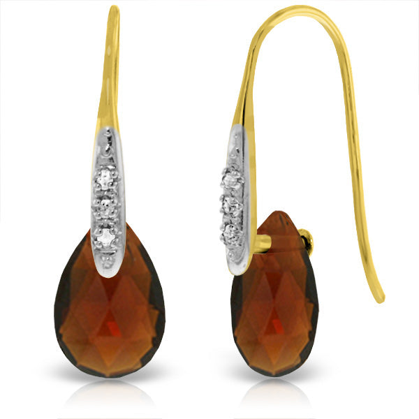 14K Solid Yellow Gold Fish Hook Earrings w/ Diamonds & Dangling Briolette Garnets