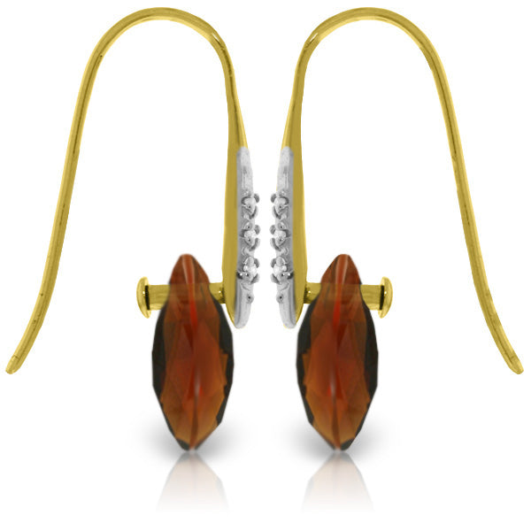 14K Solid Yellow Gold Fish Hook Earrings w/ Diamonds & Dangling Briolette Garnets