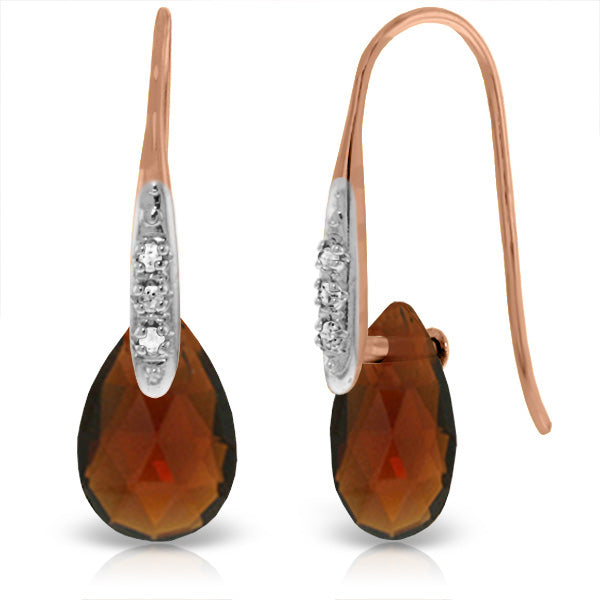 14K Solid Rose Gold Fish Hook Earrings w/ Diamonds & Dangling Briolette Garnets