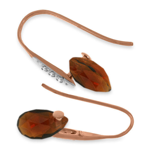 14K Solid Rose Gold Fish Hook Earrings w/ Diamonds & Dangling Briolette Garnets