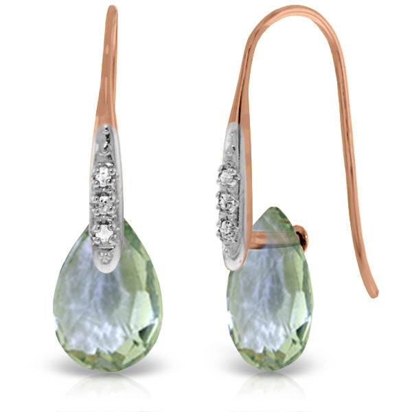 14K Solid Rose Gold Fish Hook Earrings w/ Diamonds & Dangling Briolette Green Amethyst