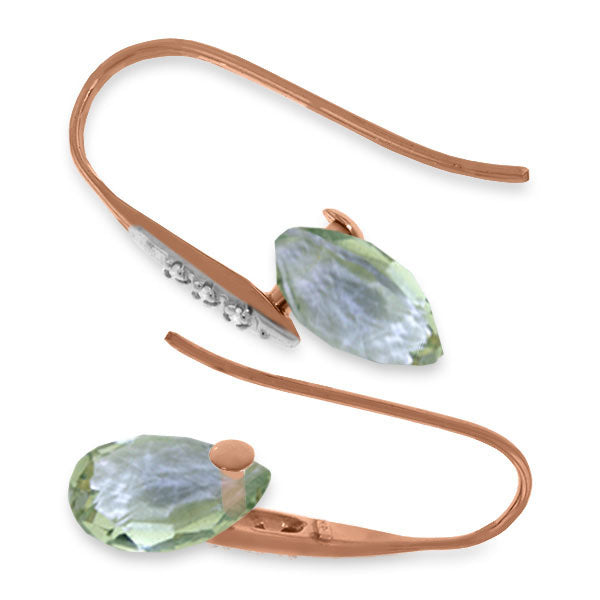 14K Solid Rose Gold Fish Hook Earrings w/ Diamonds & Dangling Briolette Green Amethyst