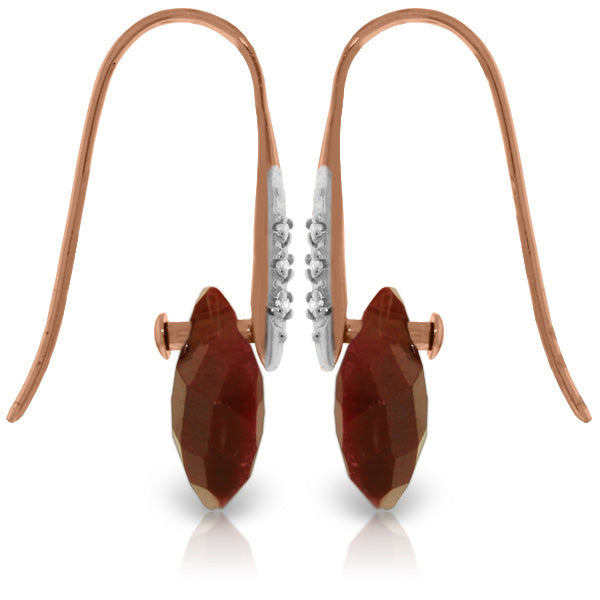 14K Solid Rose Gold Fish Hook Earrings w/ Diamonds & Dangling Dyed Rubies