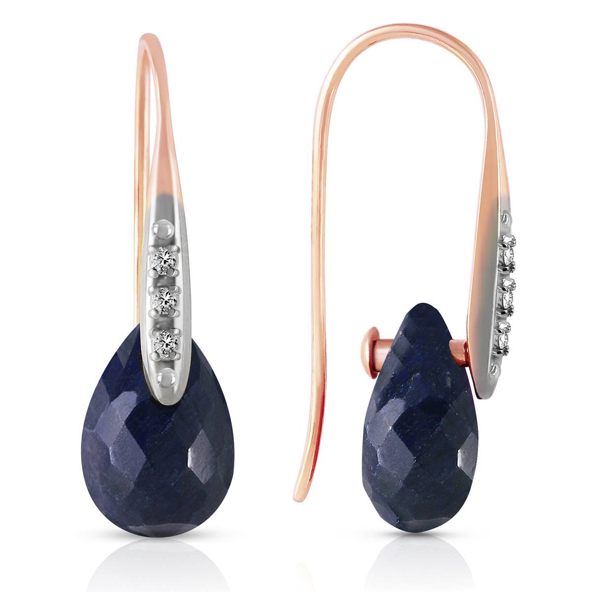 14K Solid Rose Gold Fish Hook Earrings w/ Diamonds & Dangling Dyed Sapphires
