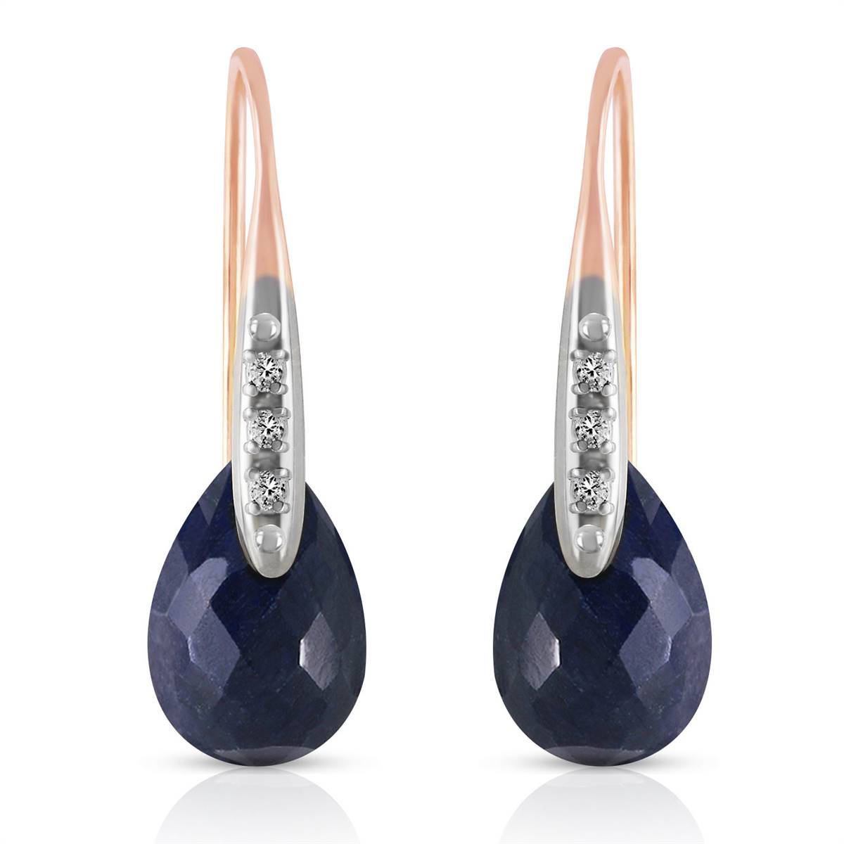 14K Solid Rose Gold Fish Hook Earrings w/ Diamonds & Dangling Dyed Sapphires