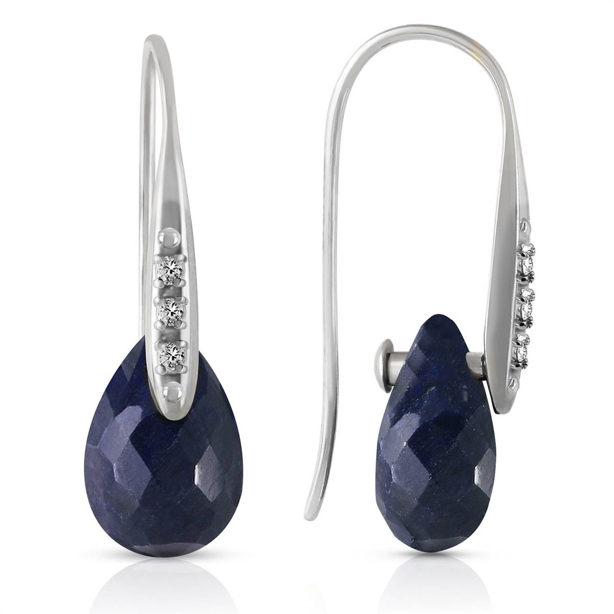 14K Solid White Gold Fish Hook Earrings w/ Diamonds & Dangling Dyed Sapphires