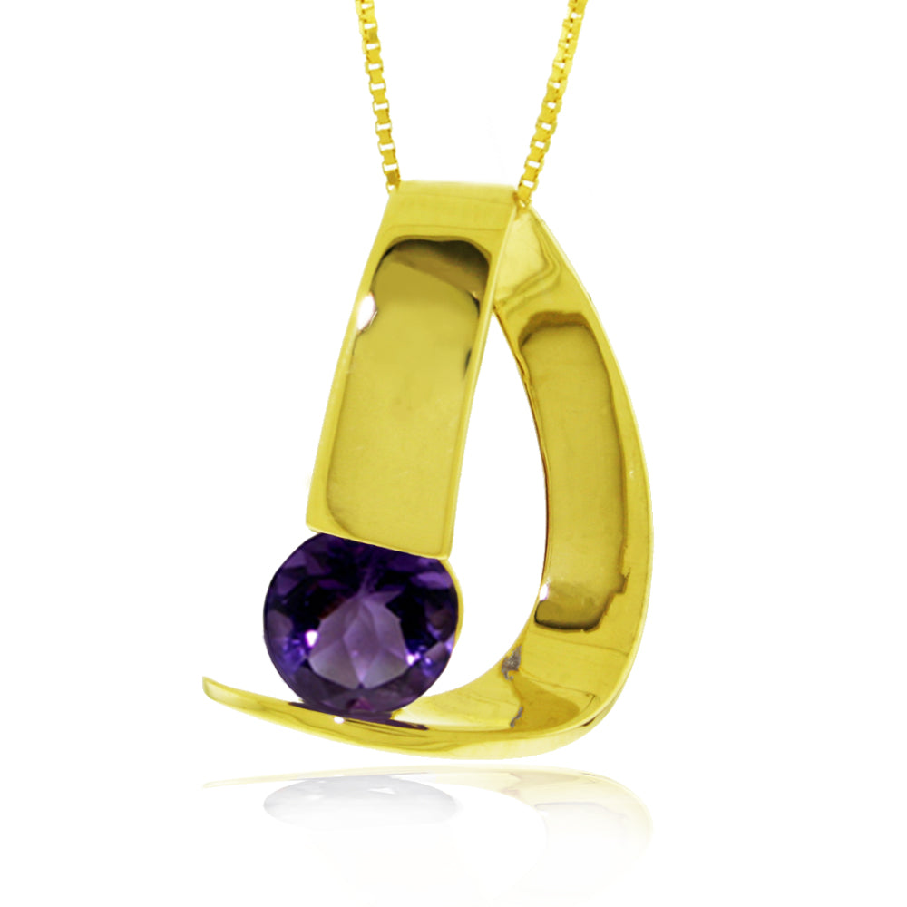 14K Solid Yellow Gold Modern Necklace w/ Natural Amethyst