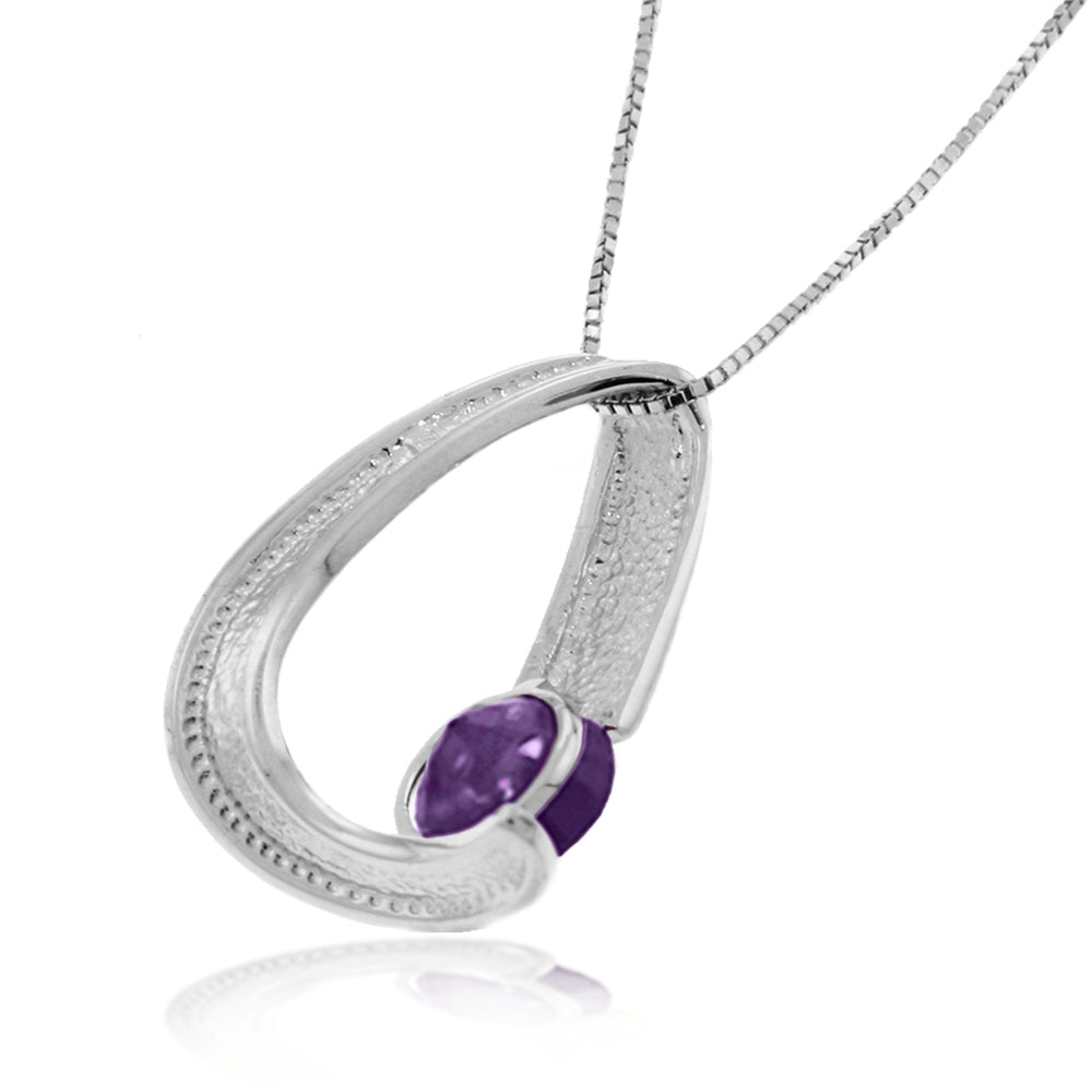 14K Solid White Gold Modern Necklace w/ Natural Amethyst