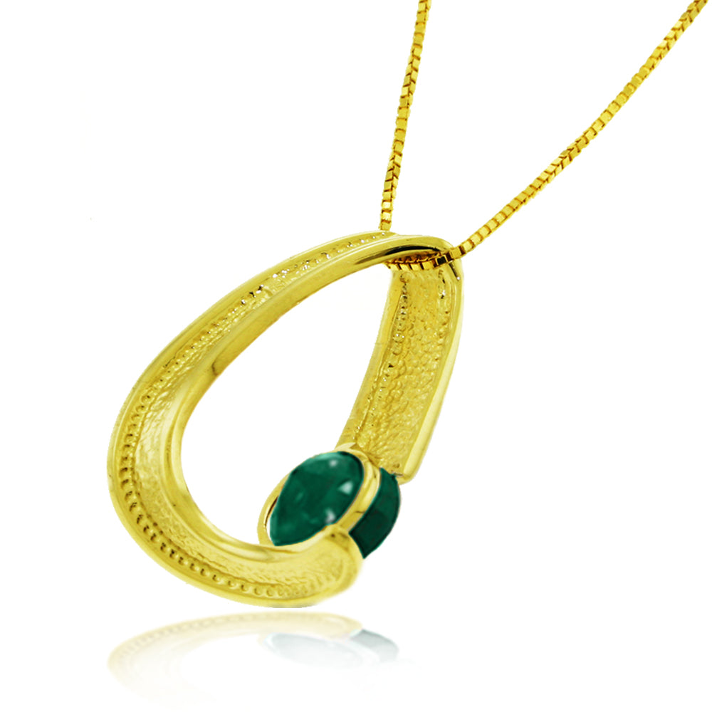 14K Solid Yellow Gold Modern Necklace w/ Natural Emerald