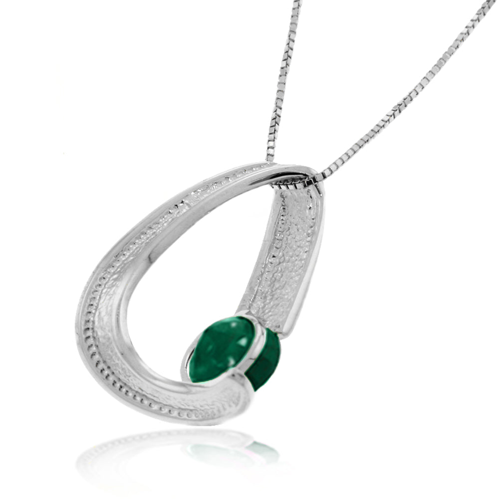 14K Solid White Gold Modern Necklace w/ Natural Emerald