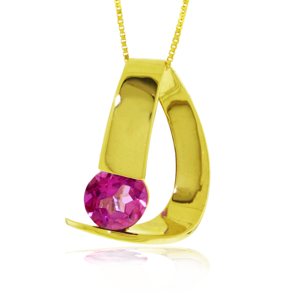 14K Solid Yellow Gold Modern Necklace w/ Natural Pink Topaz