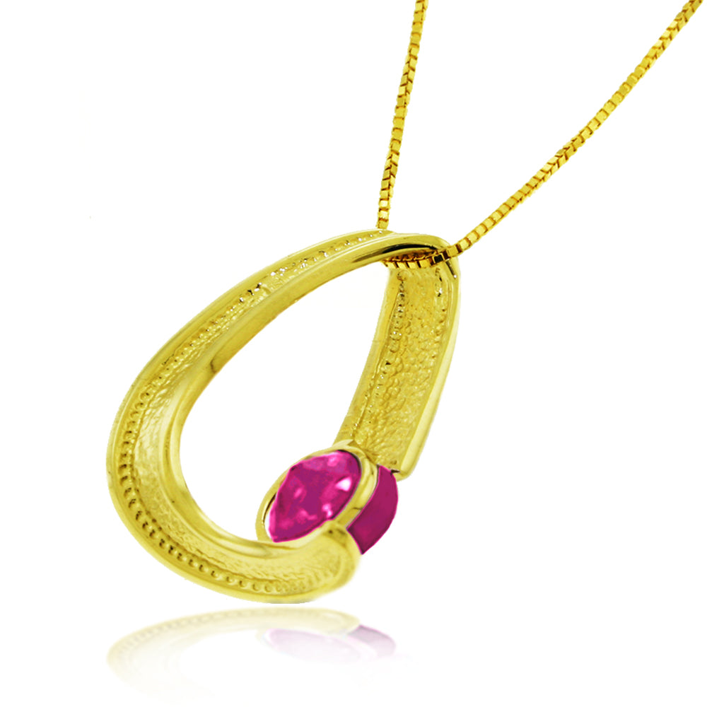 14K Solid Yellow Gold Modern Necklace w/ Natural Pink Topaz