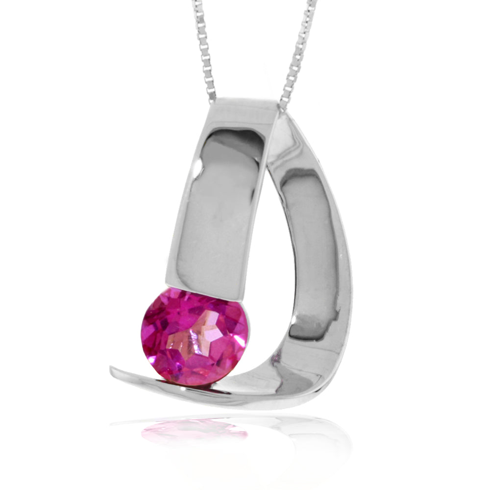 14K Solid White Gold Modern Necklace w/ Natural Pink Topaz