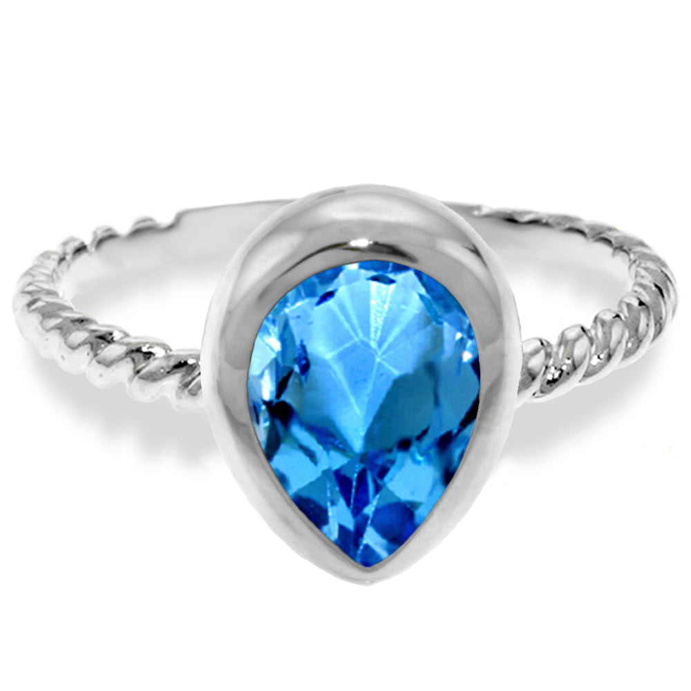14K Solid White Gold Rings w/ Natural Pear Shape Blue Topaz