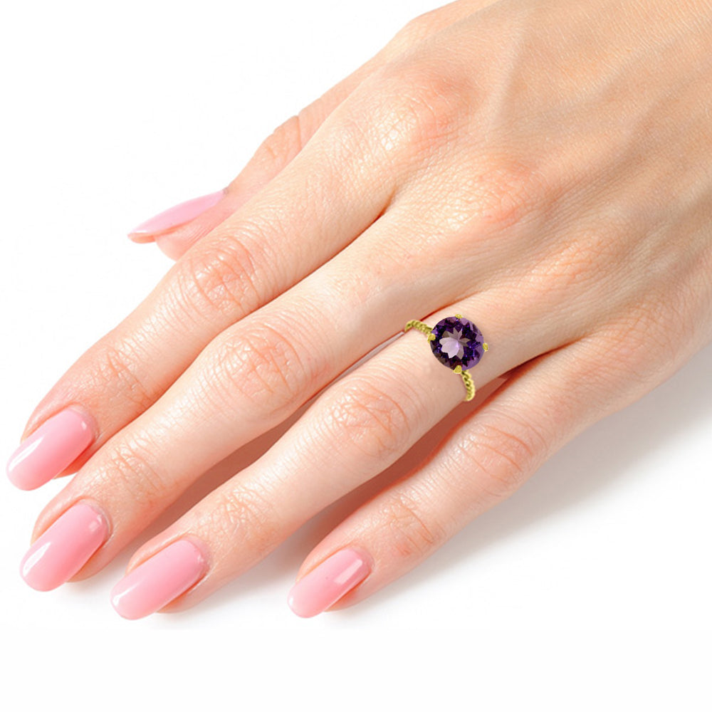 14K Solid Yellow Gold Natural 12.0 mm Round Amethyst Ring