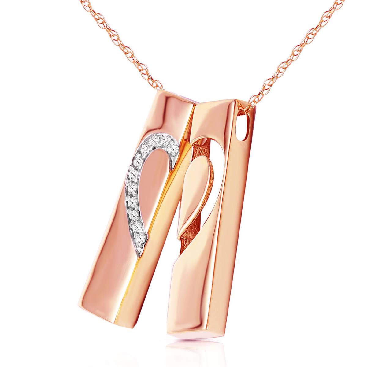 14K Solid Rose Gold Split Heart Necklace w/ Natural Diamonds