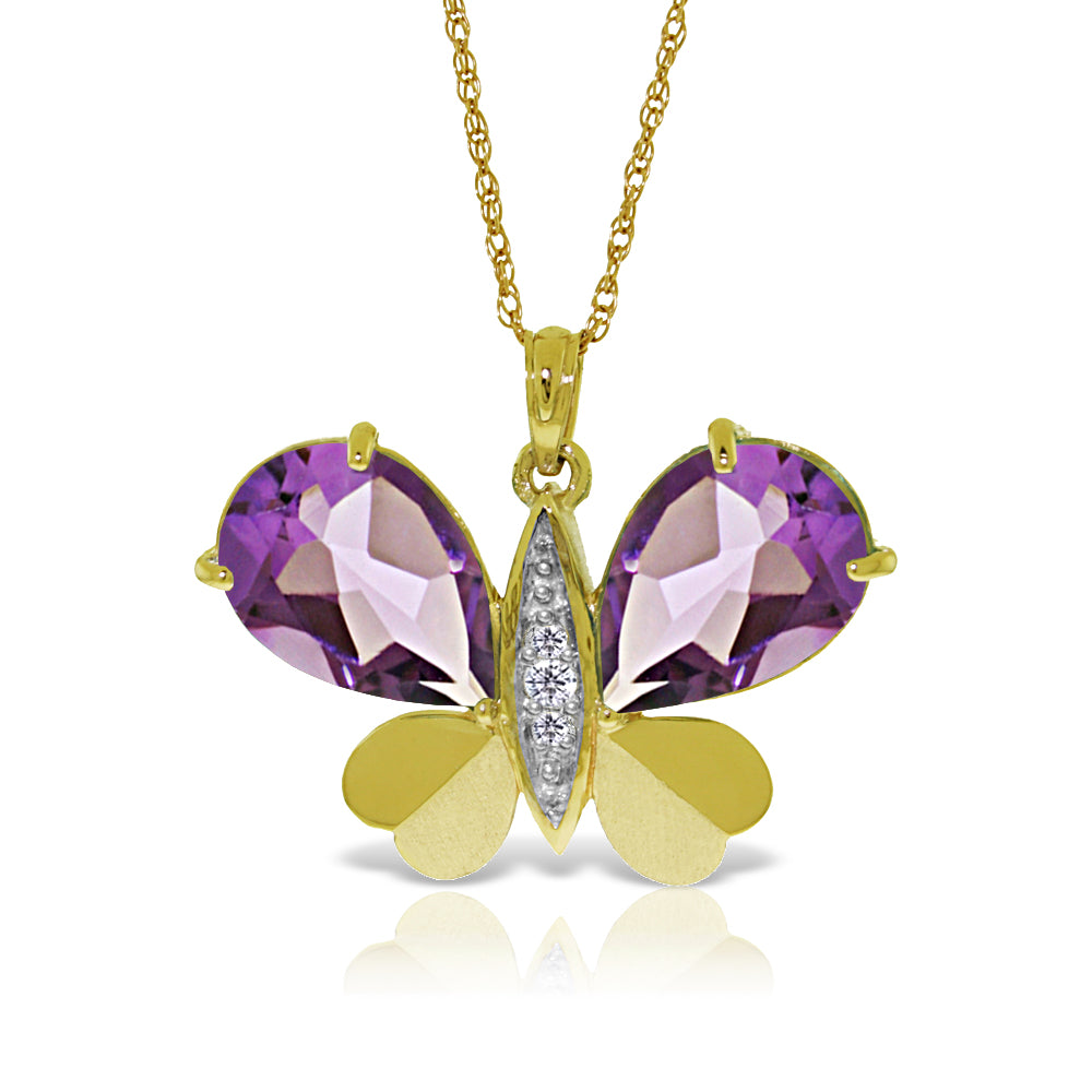 14K Solid Yellow Gold Butterfly Diamond & Amethyst Necklace