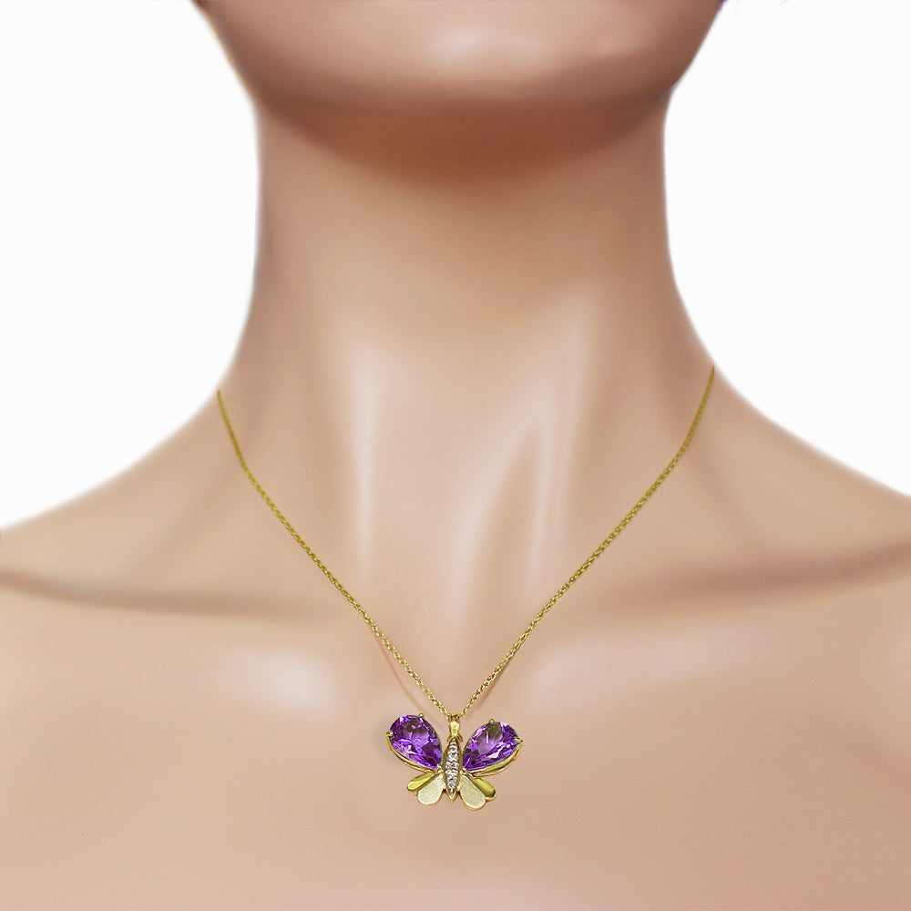 14K Solid Yellow Gold Butterfly Diamond & Amethyst Necklace