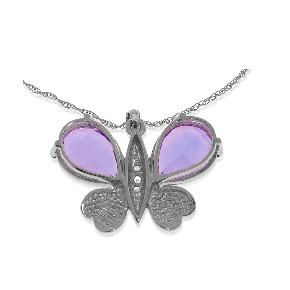 14K Solid White Gold Butterfly Necklace Natural Diamond & Amethyst Certified