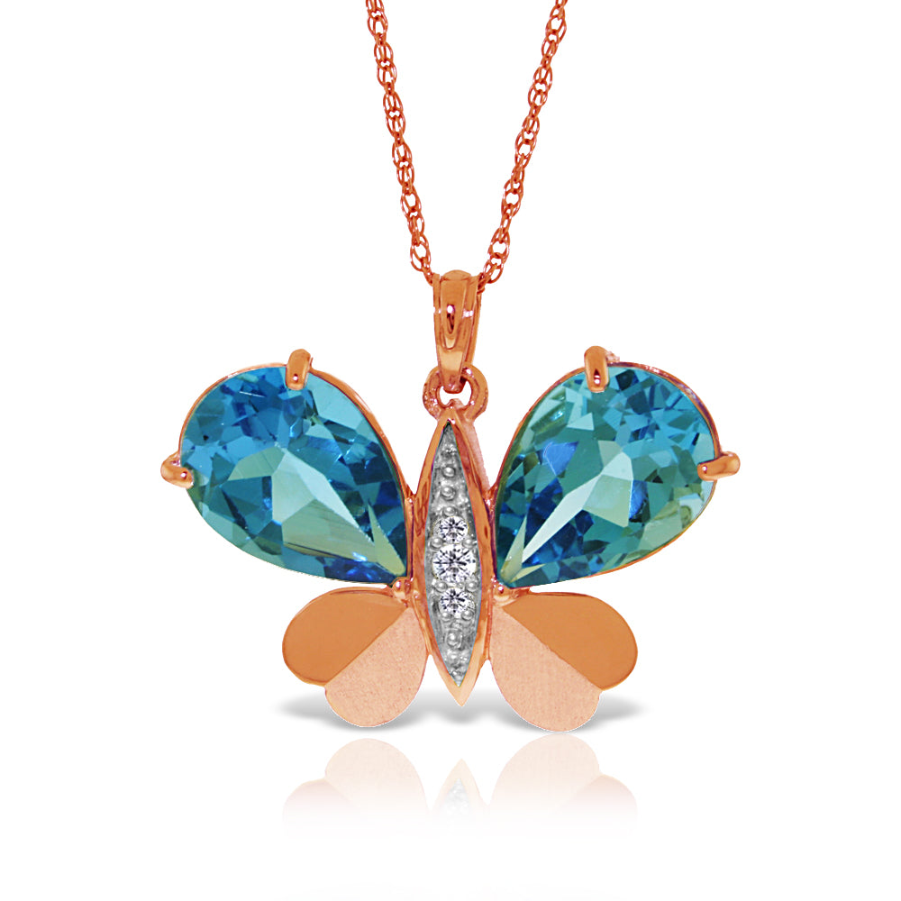 14K Solid Rose Gold Butterfly Natural Diamond & Blue Topaz Necklace