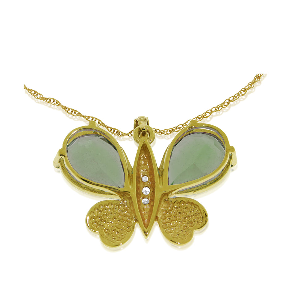 14K Solid Yellow Gold Butterfly Necklace w/ Natural Diamonds & Green Amethysts