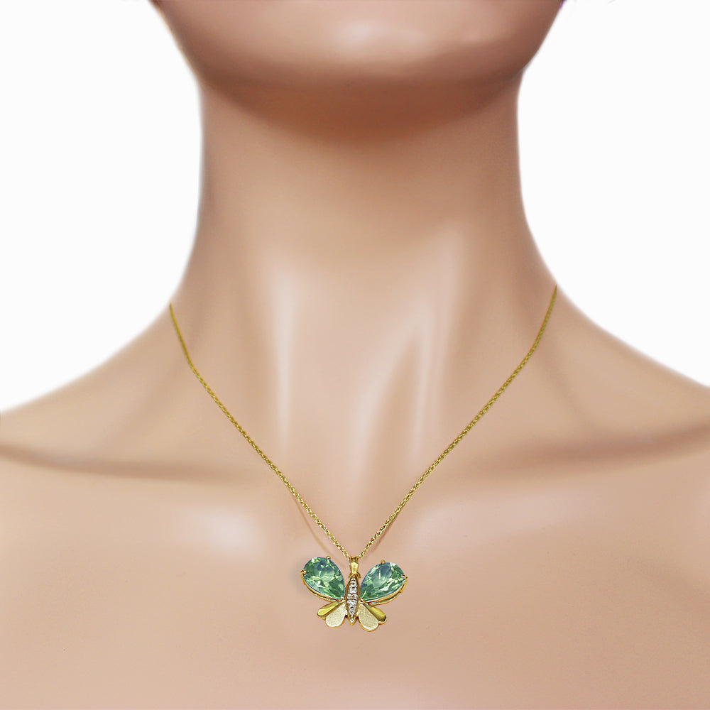 14K Solid Yellow Gold Butterfly Necklace w/ Natural Diamonds & Green Amethysts