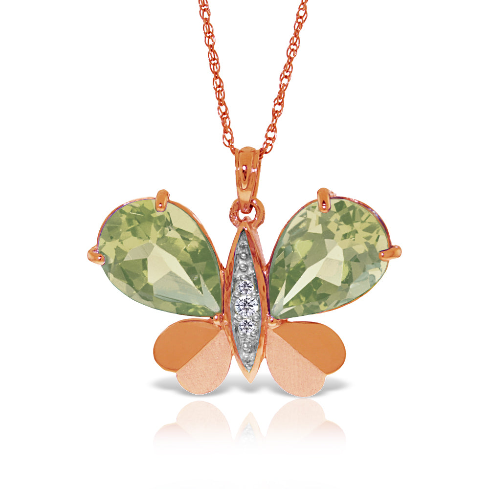 14K Solid Rose Gold Butterfly Necklace w/ Natural Diamonds & Green Amethysts