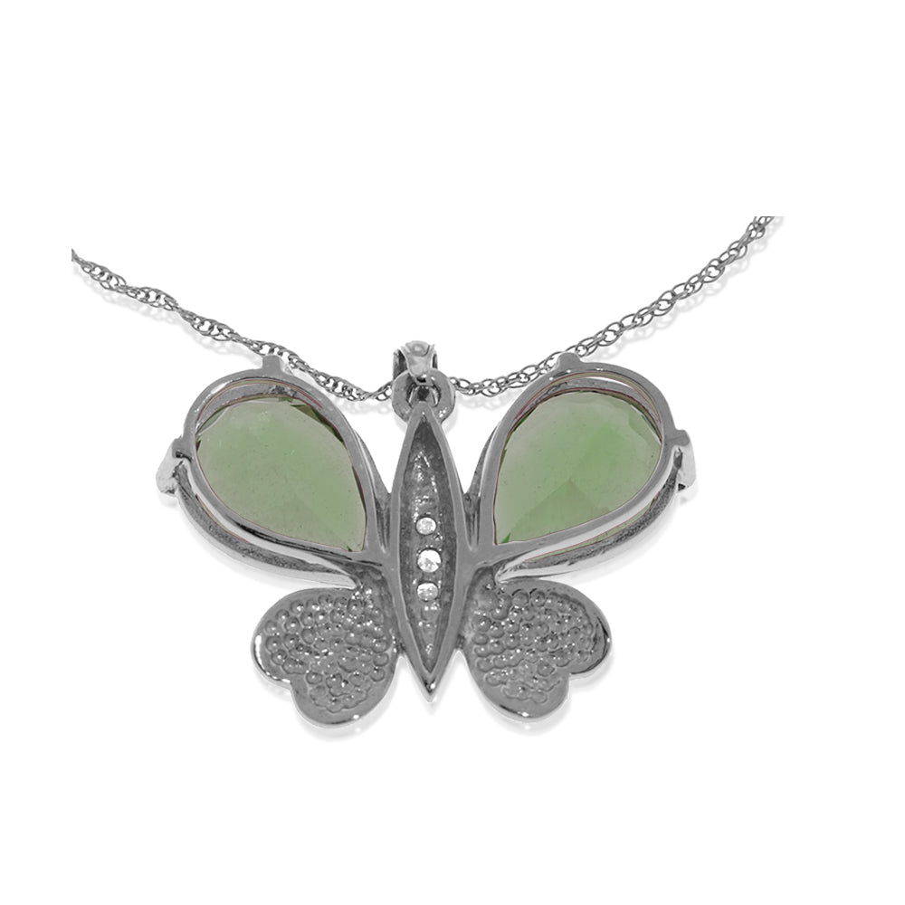 14K Solid White Gold Butterfly Necklace w/ Natural Diamonds & Green Amethysts