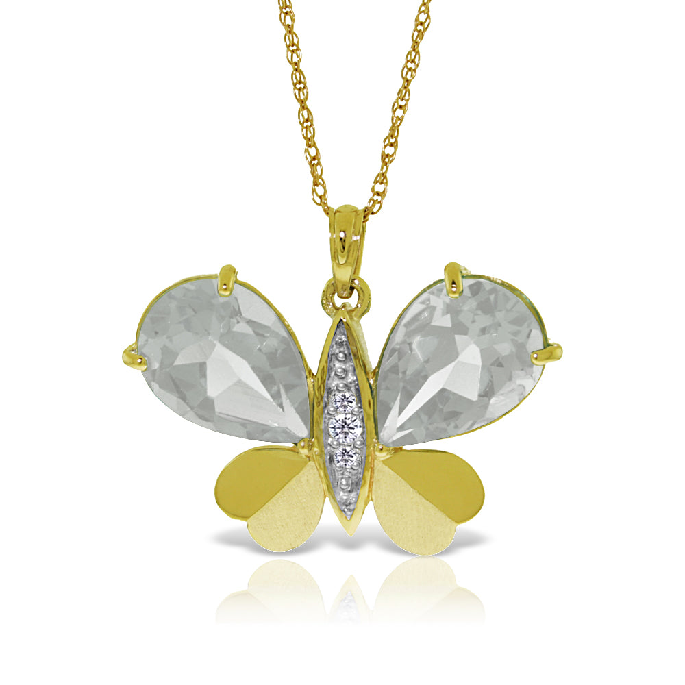14K Solid Yellow Gold Butterfly Necklace w/ Natural Diamonds & White Topaz