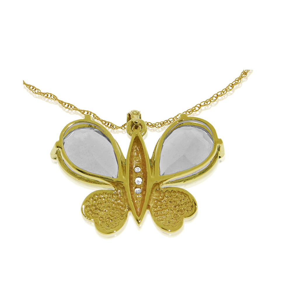 14K Solid Yellow Gold Butterfly Necklace w/ Natural Diamonds & White Topaz