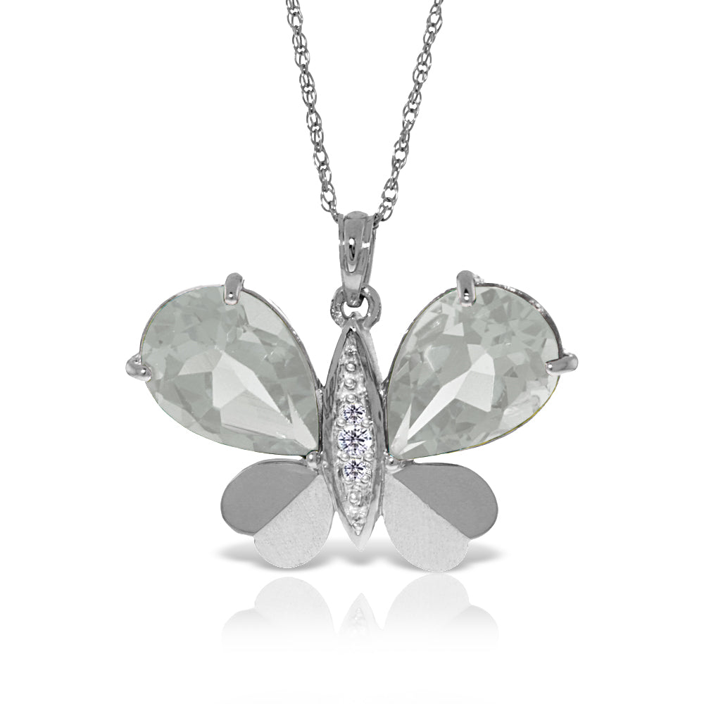 14K Solid White Gold Butterfly Necklace w/ Natural Diamonds & White Topaz