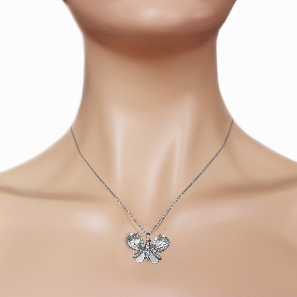 14K Solid White Gold Butterfly Necklace w/ Natural Diamonds & White Topaz