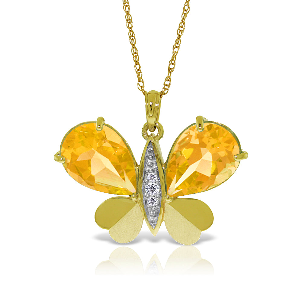 14K Solid Yellow Gold Butterfly Natural Diamond & Citrine Necklace