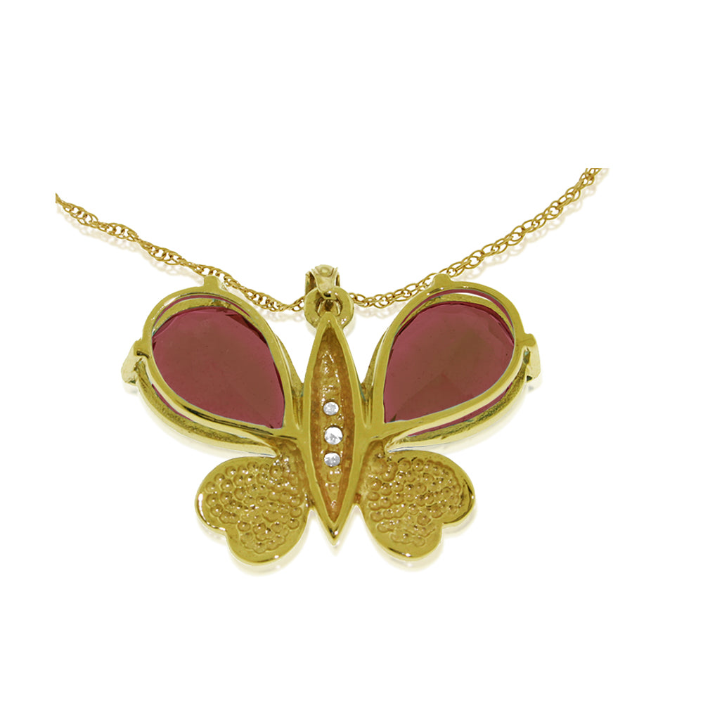 14K Solid Yellow Gold Butterfly Natural Diamond & Garnet Necklace