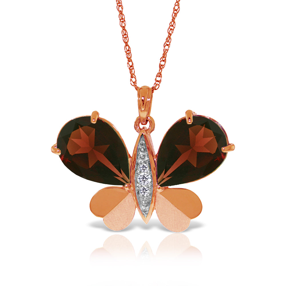 14K Solid Rose Gold Butterfly Natural Diamond & Garnet Necklace