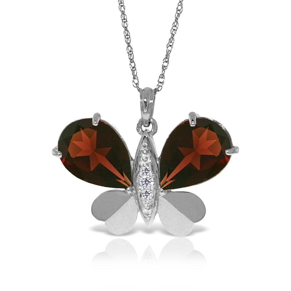 14K Solid White Gold Butterfly Necklace Natural Diamond & Garnet Gemstone