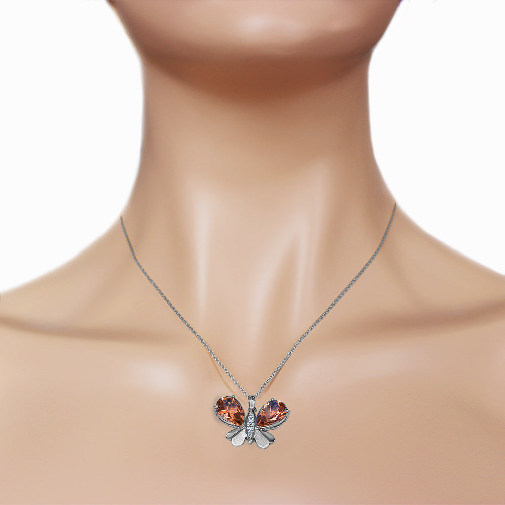 14K Solid White Gold Butterfly Necklace Natural Diamond & Garnet Gemstone