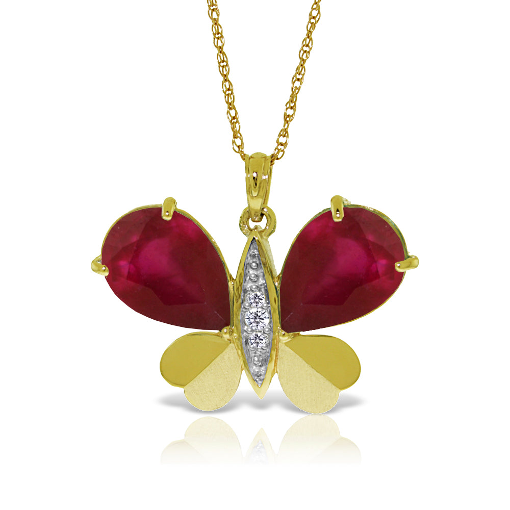 14K Solid Yellow Gold Butterfly Natural Diamond & Ruby Necklace