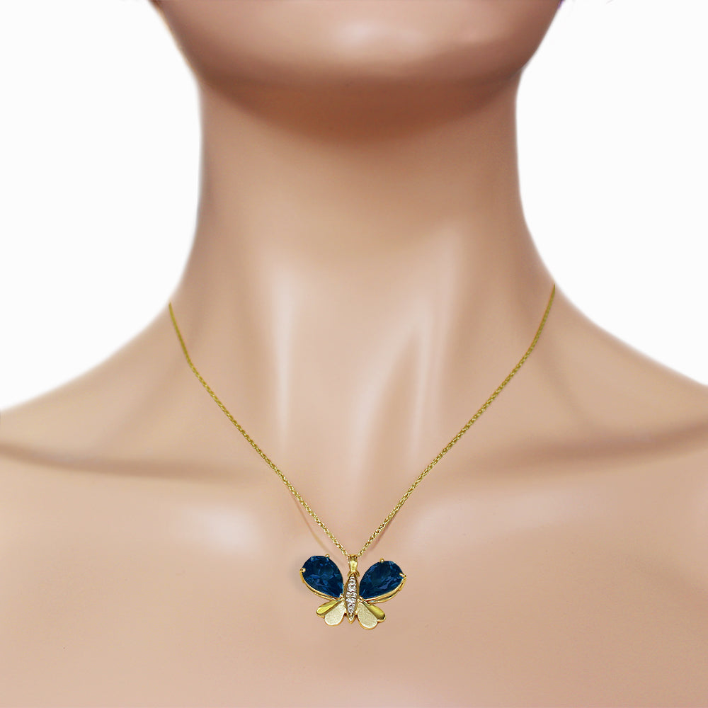 14K Solid Yellow Gold Butterfly Natural Diamond & Sapphire Necklace