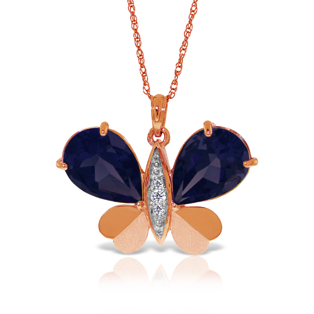 14K Solid Rose Gold Butterfly Natural Diamond & Sapphire Necklace