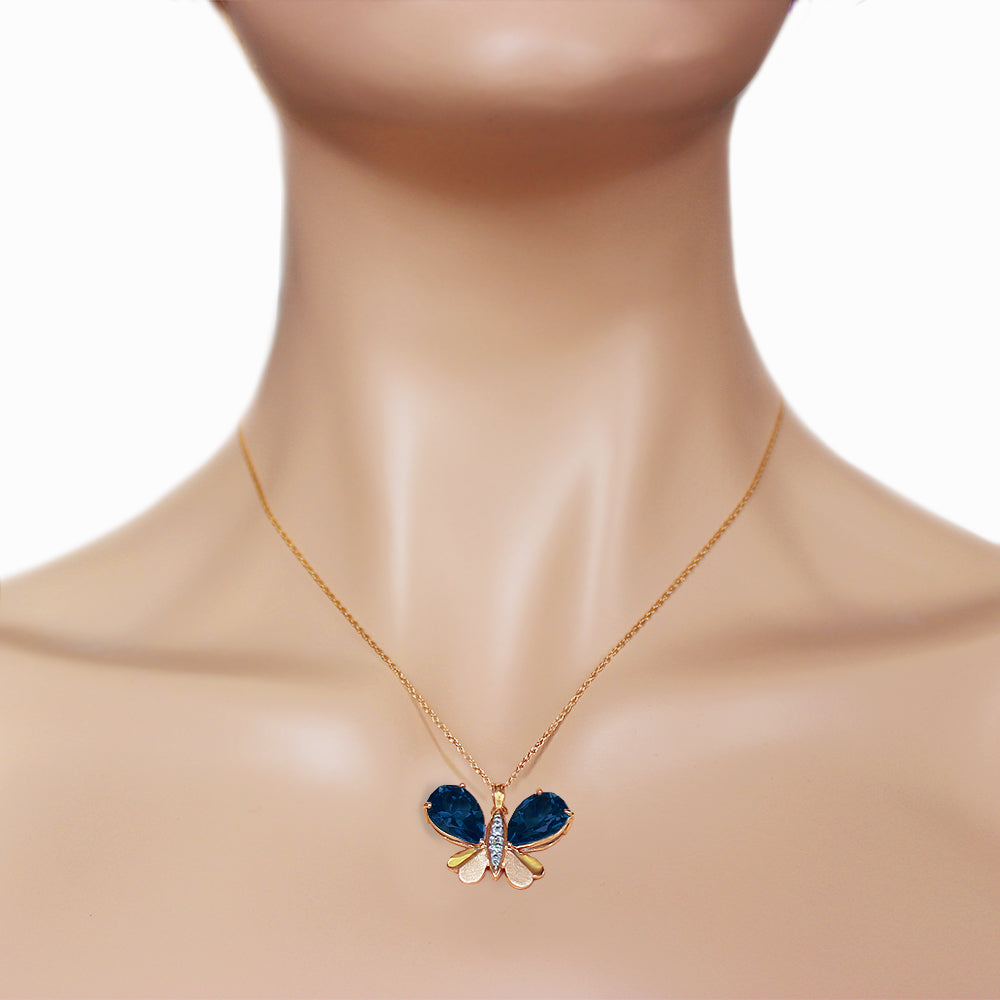 14K Solid Rose Gold Butterfly Natural Diamond & Sapphire Necklace