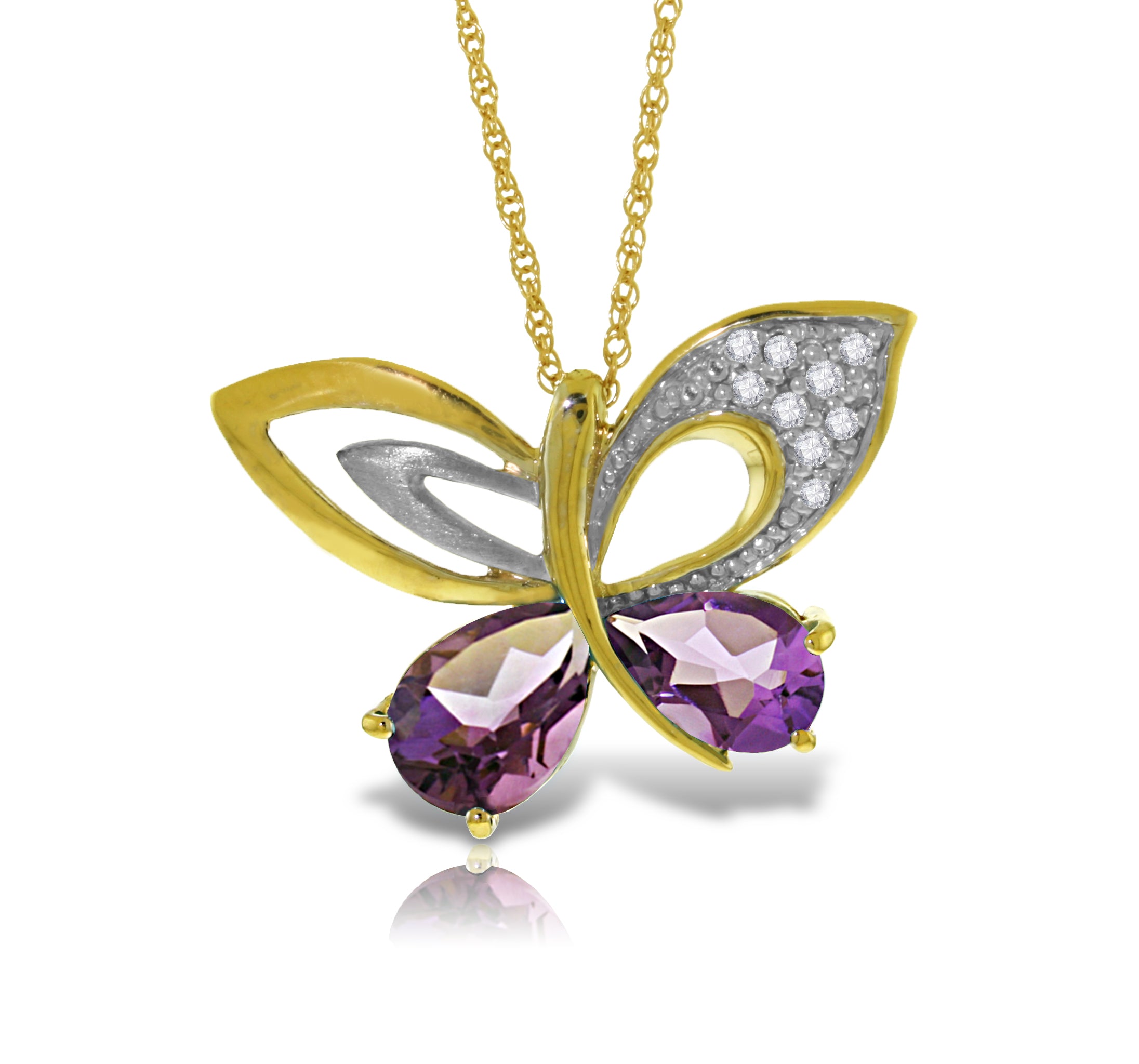 14K Solid Yellow Gold Butterfly Natural Diamond & Amethyst Necklace