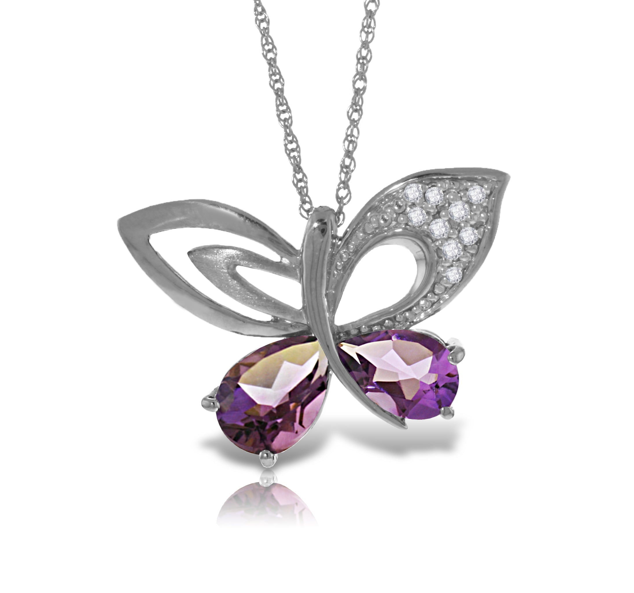 14K Solid White Gold Butterfly Necklace Natural Diamond & Amethyst