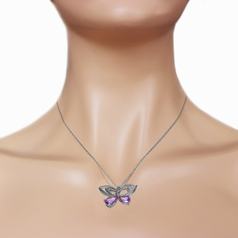 14K Solid White Gold Butterfly Necklace Natural Diamond & Amethyst
