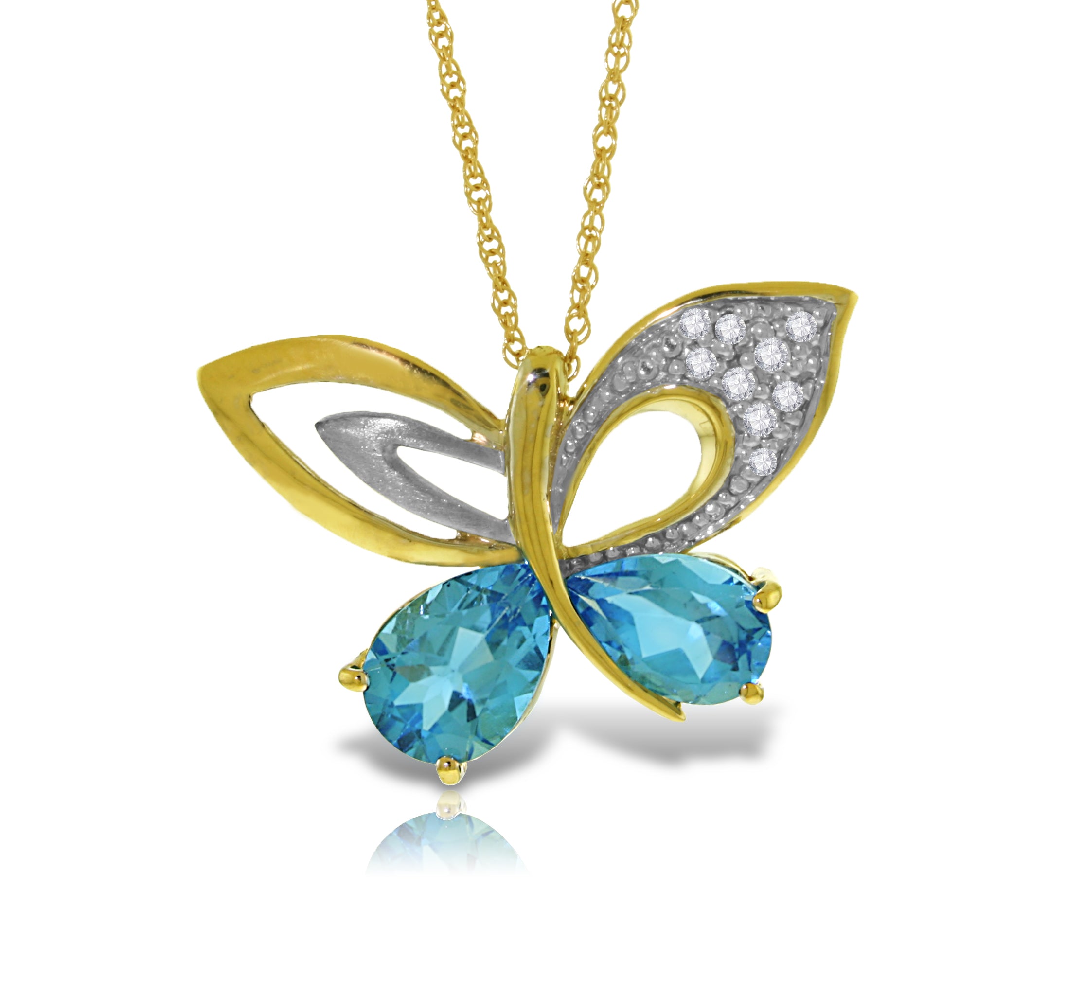 14K Solid Yellow Gold Butterfly Diamond & Blue Topaz Necklace