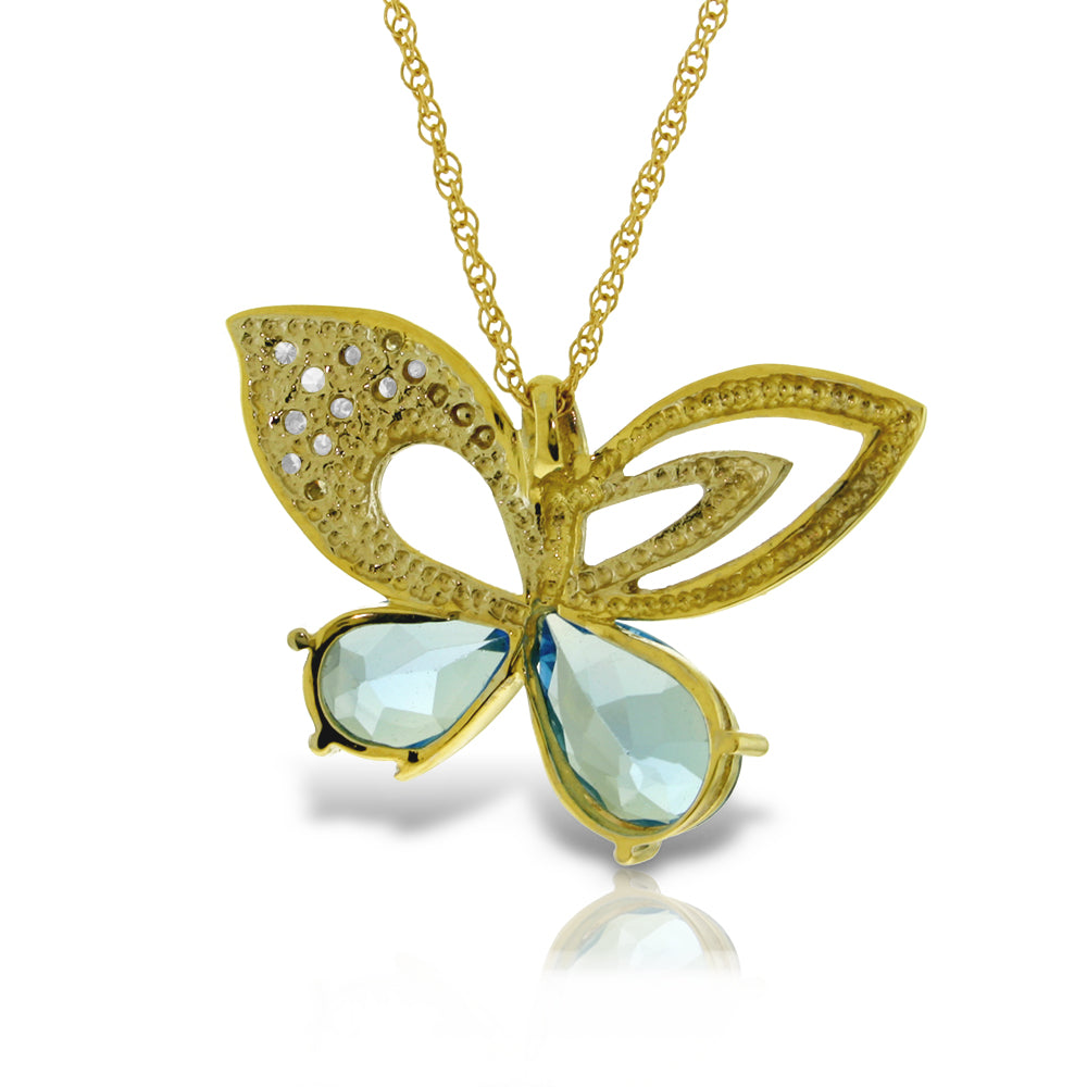 14K Solid Yellow Gold Butterfly Diamond & Blue Topaz Necklace
